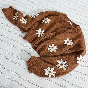 Altar'd State Brown Cardigan with White Floral Accents